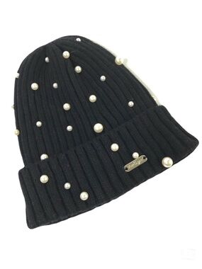 BARI LYNN Black Knit Beanie NEW Knit Hat With Faux Pearls
